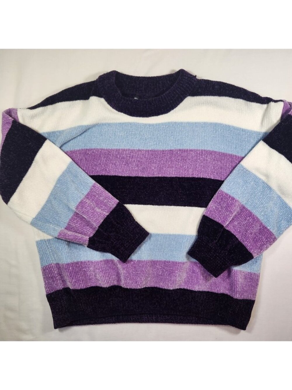 George Chenille Striped Sweater Medium Purple Blue White Crew Neck Pullover